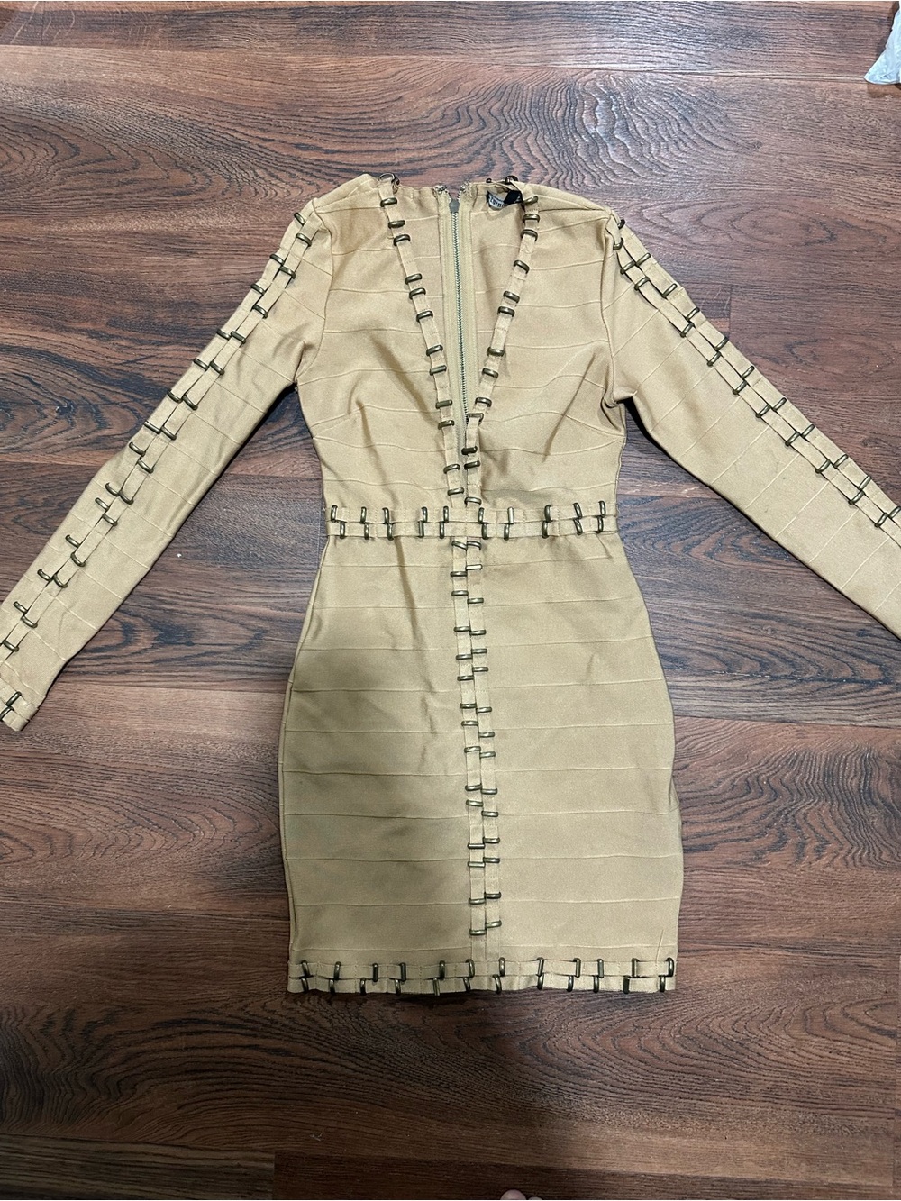 Fashion Nova Tan Long Sleeve Bodycon Dress with Loop Stitch Accents